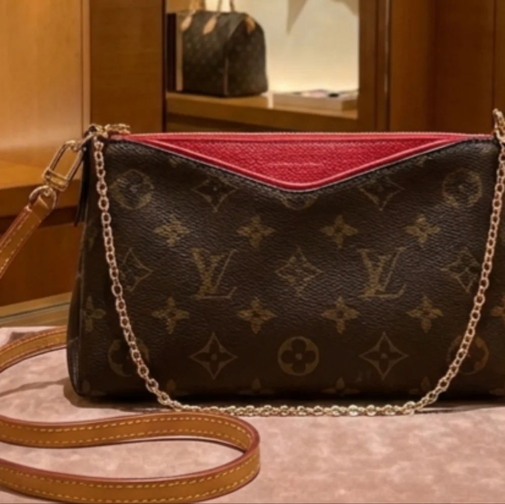 Dbl Authenticated Louis Vuitton Brown and Red Crossbody Bag Clutch